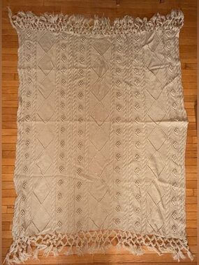 VTG 70s Hand Knit Beige Afghan Popcorn Vine Lace Cable Stitch Fringe 51 x 76